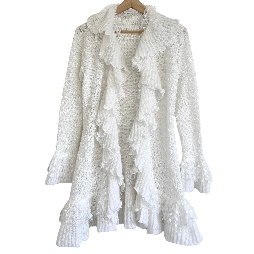 Vintage Y2K Fairycore Mori White Ruffle Cardigan Coquette Bell Sleeve Medium